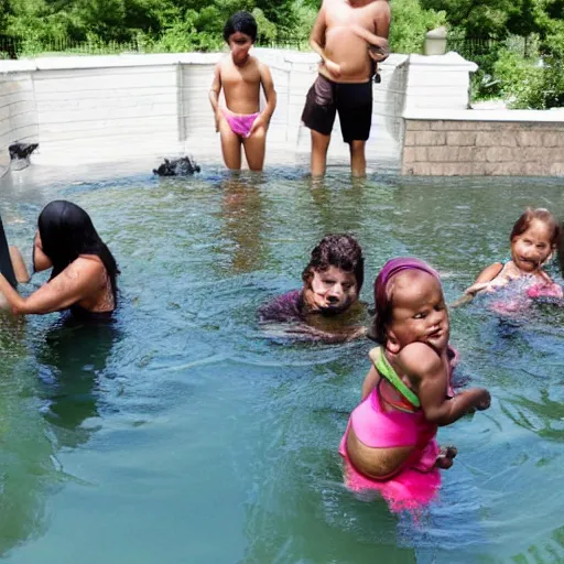 Image similar to family swimming in brown sewage pool filled with trash and human waste