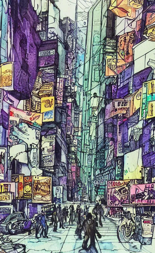 Prompt: A busy cyberpunk street, magical, watercolor-calligraphy-pen drawing