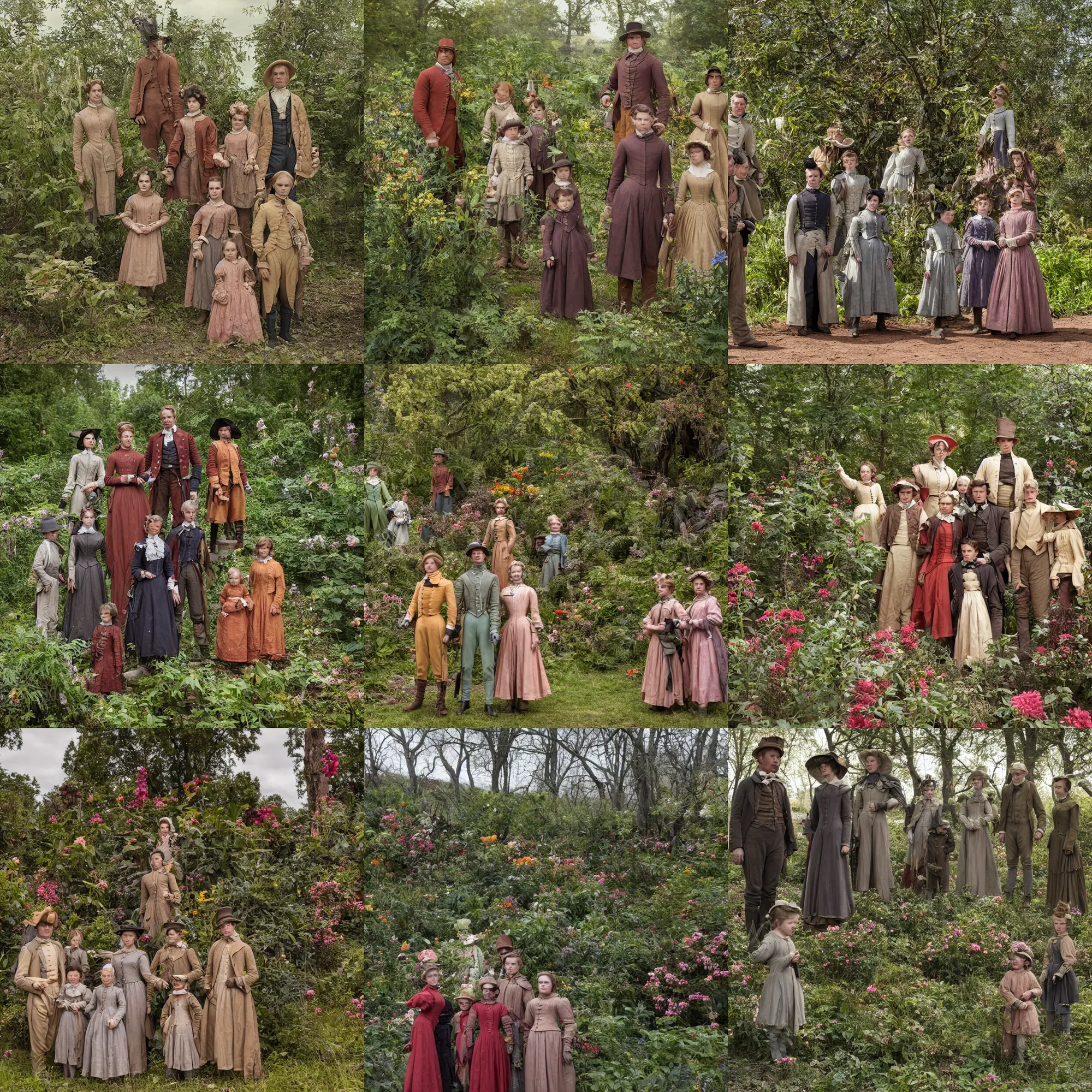 Prompt: sharp, highly detailed, 9216k film, 17500mm film still from a sci fi blockbuster color movie made in 2019, set in 1860, of a family standing in a park, next to some strange alien plants and flowers, on an alien planet, the family are all wearing 1860s era clothes, good lighting, enhanced faces, 350mm f/1.4L lens
