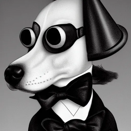 Image similar to closeup portrait of a dog wearing a suit and a top hat and a monocle on an eye, digital art, black and white