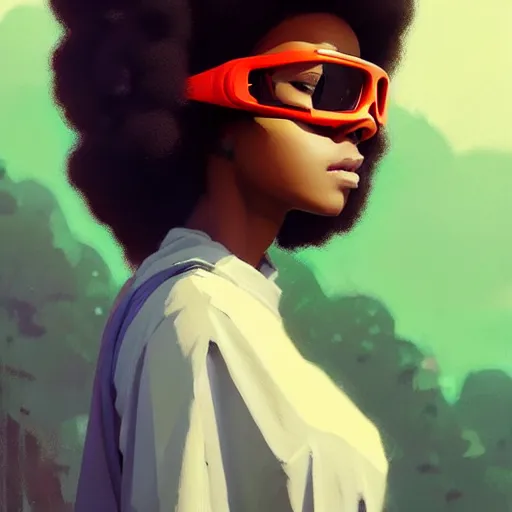 Image similar to Beautiful woman wearing opaque goggles profile picture by Greg Rutkowski, brown skin, long afro hair, asymmetrical, studio ghibli, Organic Painting , Matte Painting, geometric shapes, hard edges, street art, trending on the artstation, fantasy LUT, realistic by Sachin Teng,