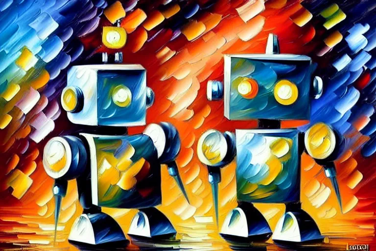 Image similar to a cute little robots painting by leonid afremov