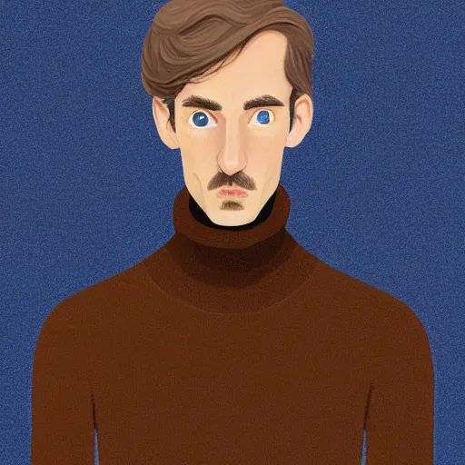 Image similar to gangly man with short light brown wavy hair, light brown stubble beard, no mustache, English heritage, blue eyes, middle aged, wearing a turtleneck and jacket, pale skin, narrow face, digital art, painterly, cartoon, cute, 8k, illustration, art by loish, painterly, trending on artstation, medium shot, uncropped