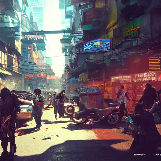 Image similar to crowded streets of manila turned cyberpunk filled with poverty, beggars and crime, deppresing image, unreal engine, artstation hd