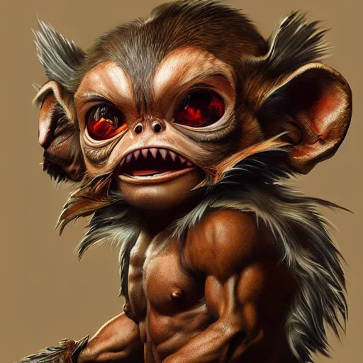 Image similar to portrait of a gizmo mogwai gremlin barbarian, muscular, wild, upper body, d & d, fantasy, intricate, cinematic lighting, highly detailed, digital painting, artstation, concept art, smooth, sharp focus, illustration, art by hajime sorayama