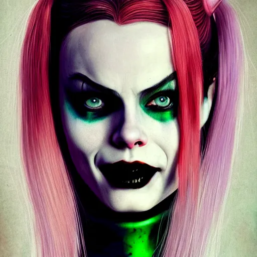 Prompt: vampire the Harley Quinn Margot Robbie, green hair, evil smile, realistic character concept, medium shot, fun pose, comic book, illustration, slender symmetrical face and body, artstation, cinematic lighting, hyperdetailed, cgsociety, 8k, high resolution, Charlie Bowater, Tom Bagshaw, single face, insanely detailed and intricate, beautiful, vfx, postprocessing