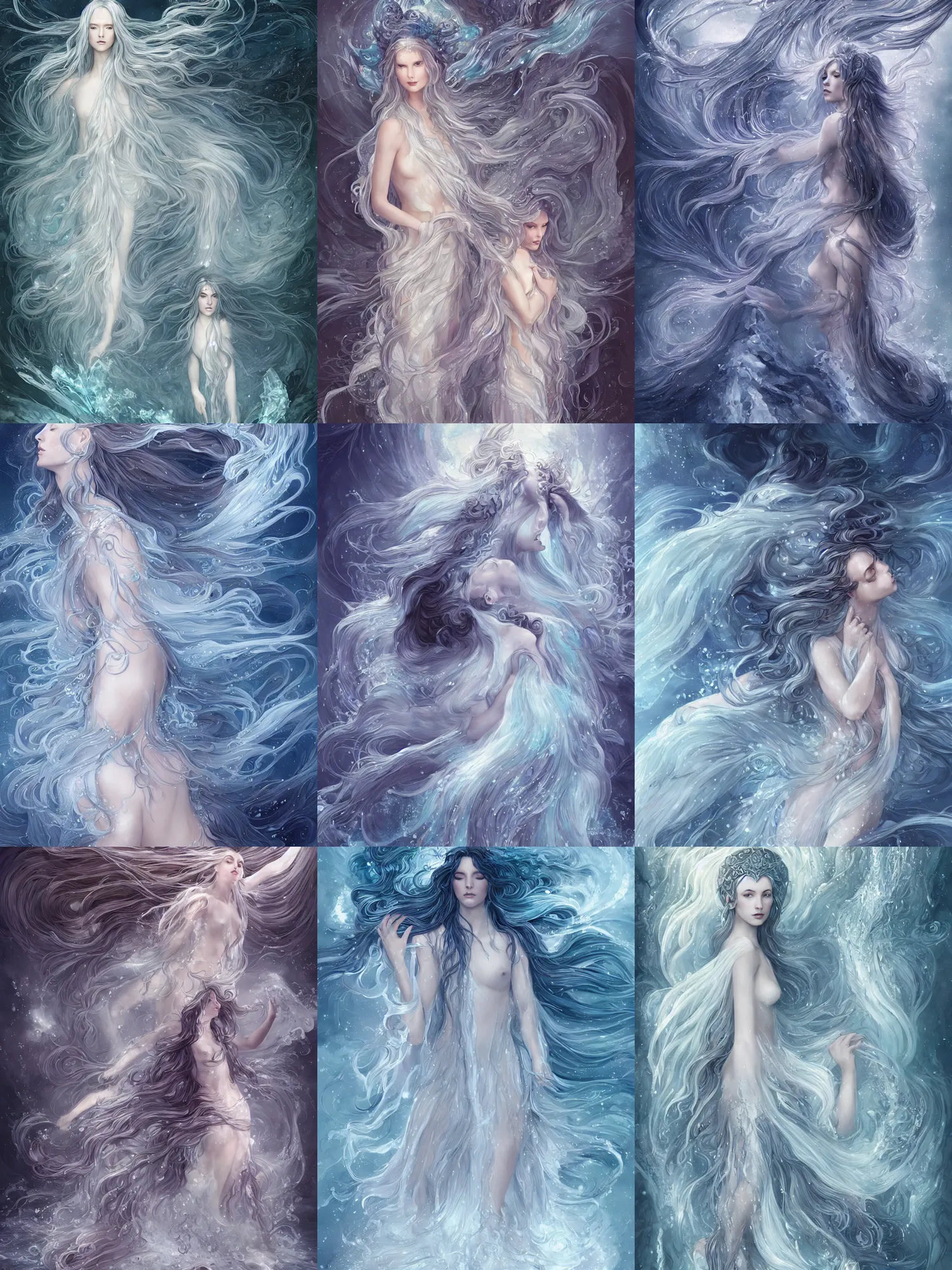 Prompt: goddess made of ice crystals flowing long hair like a waterfall rising from the water, full body and face, sophisticated, fractals background, horizontal symmetry, epic light, intricate, extremely detailed, artstation, art by charlie bowater, kay nielsen and wadim kashin, zeen chin and terada katsuya