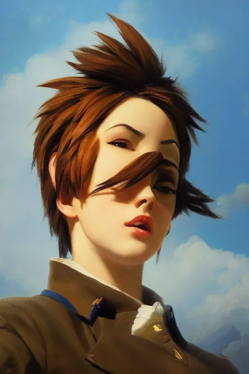 Image similar to oil painting of tracer overwatch in a field wearing blue uniform, in style of ivan aivazovsky, expressive face, detailed face, detailed eyes, full body, feminine face, tracer overwatch,