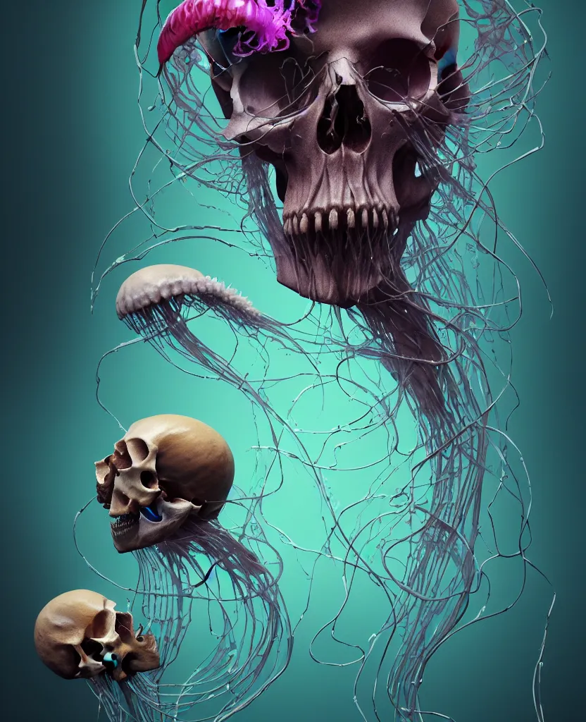 Image similar to composition of human skulls, animals skulls, bones, rib-cage. jellyfish phoenix head, nautilus, orchid, skull, betta fish, bioluminiscent creatures, intricate artwork by Tooth Wu and wlop and beeple. octane render, trending on artstation, greg rutkowski very coherent symmetrical artwork. cinematic, hyper realism, high detail, octane render, 8k