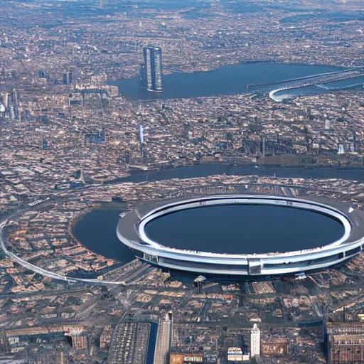 Image similar to aerial photo of a giant ring-shaped space station encircling a modern city, the ring is horizontal, surrounding the city, establishing shot, cinematic