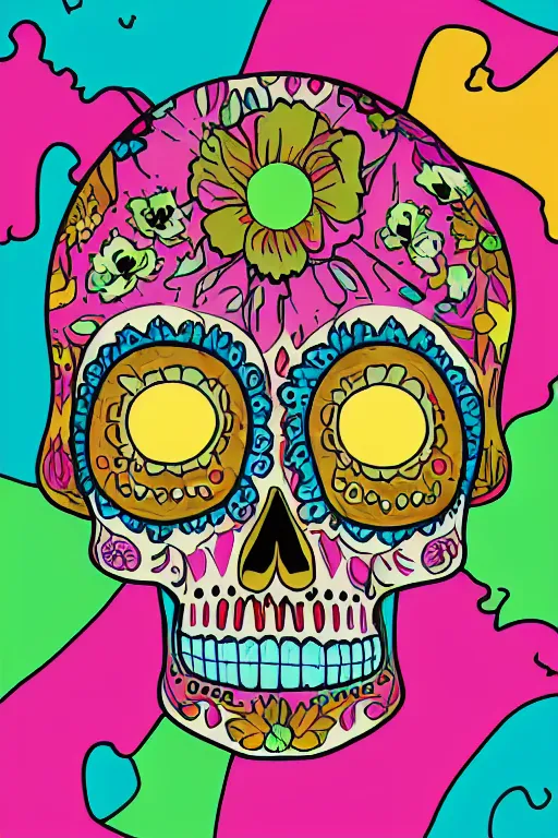 Prompt: illustration of a sugar skull day of the dead girl, art by meow wolf