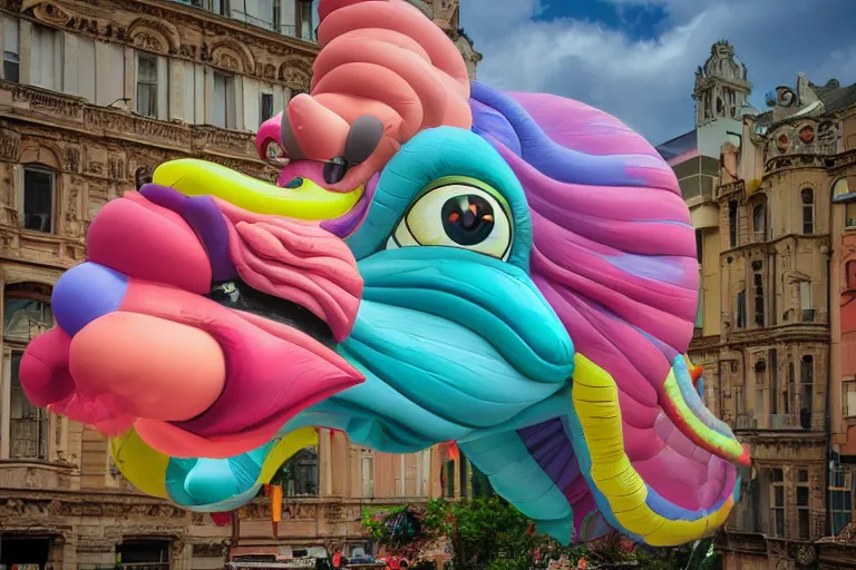 Prompt: patel coloured, elaborate, giant, massive, detailed, 3 d, pastel, blowup balloon dragon with eyes and mouth, twisting geometry, floating in a 3 d painted, pastel sky, cinematic, 3 d designed city, 4 k by'eva cremers'and'lesley barnes'and'jordan coelho'