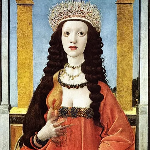 Image similar to portrait of a white poodle dog as an italian queen, painting by botticelli, 1 4 8 0 s