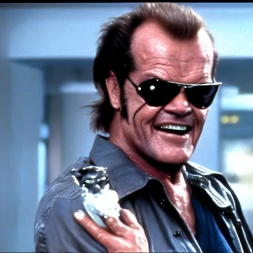 Image similar to Jack Nicholson plays Terminator, epic scene where his inner endoskeleton gets exposed