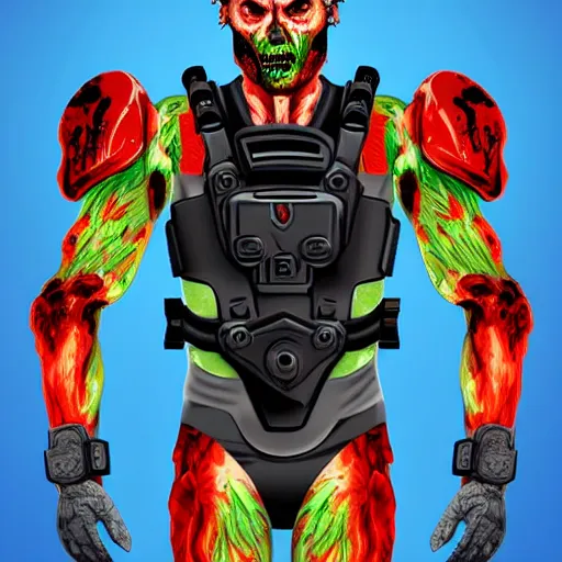 Image similar to a award winning action upper body portrait of nuke zombie with a mullet and breathing mask while wearing futuristic bodyarmor and pauldrons, outrun, vaporware, highly detailed, fine detail, intricate