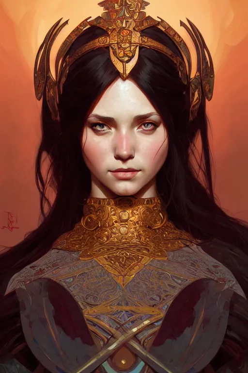 Image similar to a beautiful warrior queen, fantasy, portrait, sharp focus, intricate, elegant, digital painting, artstation, matte, highly detailed, concept art, illustration, ambient lighting, art by ilya kuvshinov, artgerm, Alphonse mucha, and Greg Rutkowski