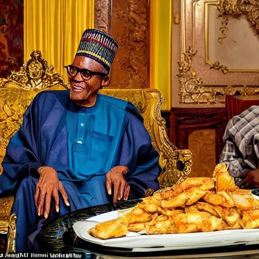 Prompt: president muhammadu buhari sitted at a lavish banquet with a large bastion of chicken in the style of edward hooper and henri matisse yinka shonibare oil painting