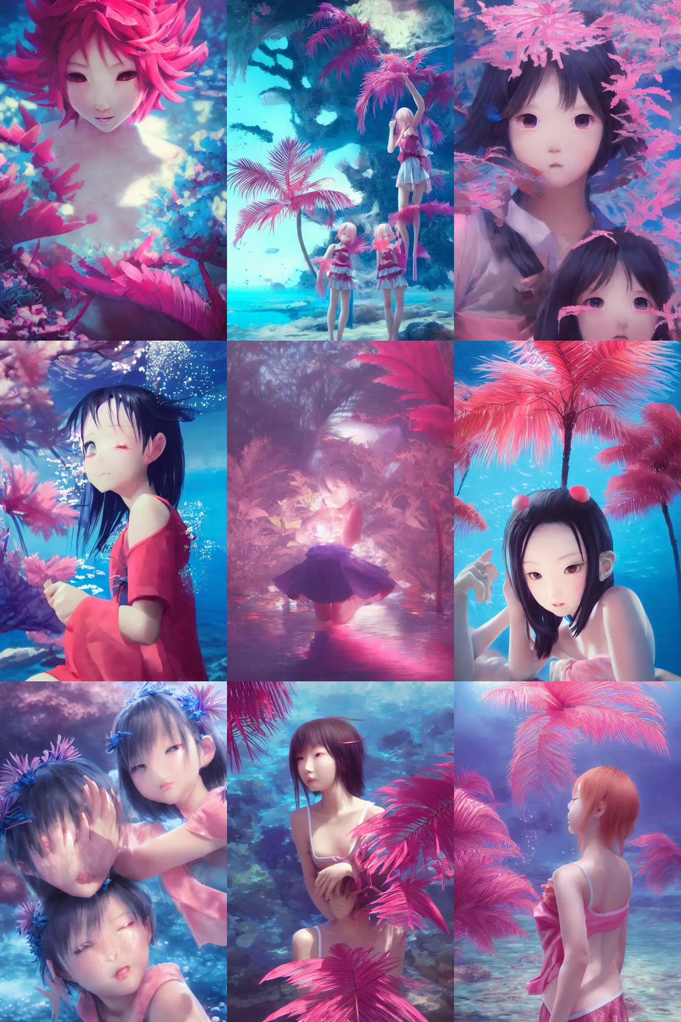 Prompt: 3d infrared octane render concept art by D. Jun, by Mo Xiang Tong Xiu, by Igarashi Daisuke, cute beauty complex portrait anime sad friends schoolgirls under dark pink and blue sea. underwater palms. beautiful and cutest sad face. dramatic deep light, trending on artstation, oil painting brush
