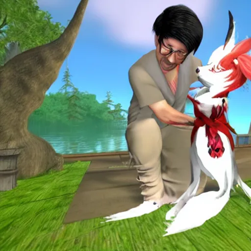 Image similar to Screenshot of the Markiplier character in the PlayStation 2 game Okami. HDR, 4k, 8k, Okami being petted by the YouTuber Markiplier, who is looking at the camera while petting Okami. Very accurate depiction of Markiplier in Okami. Okami looks exactly like the game.