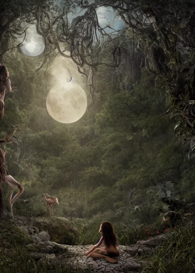 Prompt: a highly detailed matte painting of a female faun with a dark curly mane down her back, sad, looking at the two moons, hope sandoval, stephanie leonidas, helena bonham carter, background moonlight and lush vegetation, 8 k hd, concept art, artstation, deviantart, cg society,