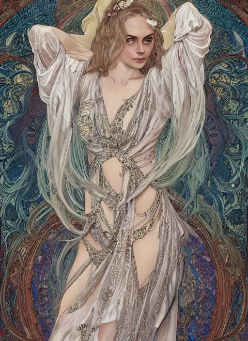 Prompt: Klara Delevingne as God of Fashion, cute, fantasy, intricate, elegant, highly detailed, digital painting, 4k, HDR, concept art, smooth, sharp focus, illustration, art by alphonse mucha,artgerm, H R Giger