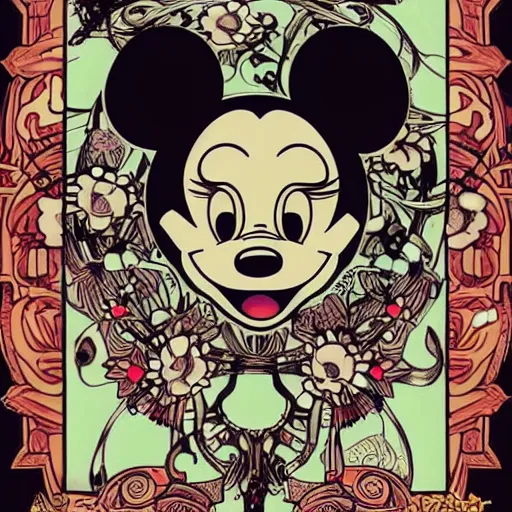 Image similar to anime manga skull portrait minnie mouse disney cartoon skeleton illustration style by Alphonse Mucha pop art nouveau with detailed patterns and emojis