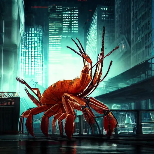 Prompt: a giant terrifying cyber shrimp destroying a dystopian city, cyberpunk, dystopian, god, evil, villain, sharp focus, dynamic lights, still, photograph, hyper realistic, masterpiece, octane render, rendered, 3 d, cinematic, cinematic lighting, dramatic lighting, highly detailed, intricate details, texture, cinematic composition, by donglu yu and kevin jick and eddie del rio