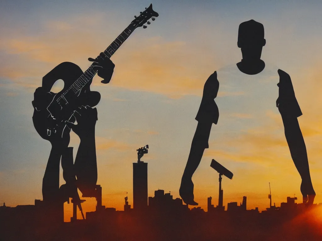 Prompt: double exposure black man guitar sunrise