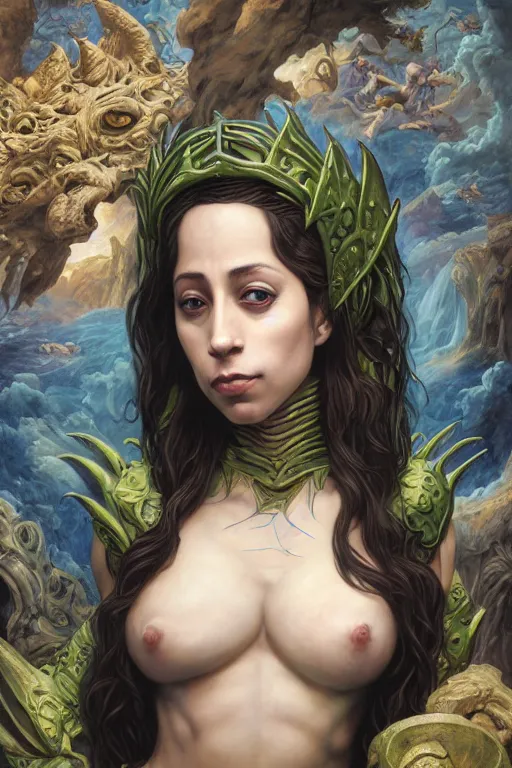 Prompt: A fantasy comic book style portrait painting of, hybrid, Oona Chaplin, Cory Chase, as an Atlantean, Reptilian Warrior, Mystical Valkyrie, François Boucher, Oil Painting, unreal 5, DAZ, hyperrealistic, octane render, Regal, Refined, Detailed Digital Art, RPG portrait, Michael Cheval, William-Adolphe Bouguereau, Walt Disney (1937), Steampunk, dynamic lighting, Highly Detailed, Cinematic Lighting, Unreal Engine, 8k, HD