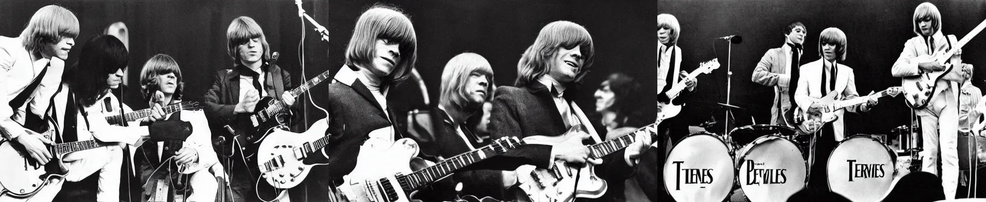 Prompt: Brian Jones playing with the beatles.