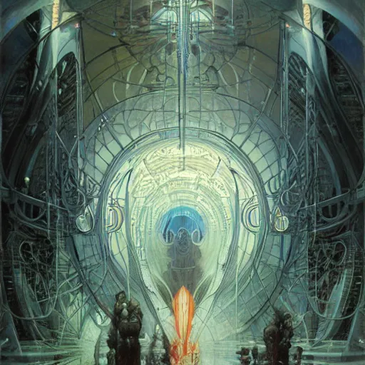 Image similar to inside epic futuristic structure by raymond swanland, alphonse mucha and zdzisław beksinski, highly detailed