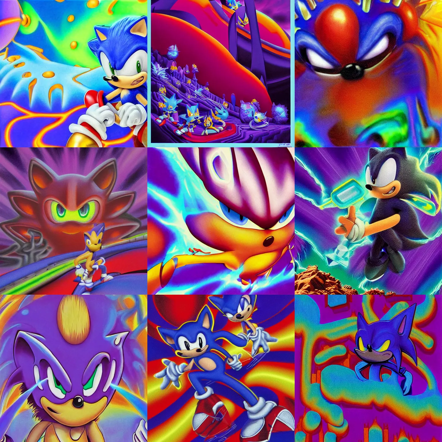 Prompt: sonic the hedgehog closeup portrait dreaming of lava lamp claymation scifi matte painting landscape of a surreal alex grey, sonic retro moulded professional soft pastels high quality airbrush art album cover of a liquid dissolving airbrush sonic the hedgehog art lsd sonic the hedgehog swimming through cyberspace purple checkerboard background 1 9 8 0 s 1 9 8 2 sega genesis video game