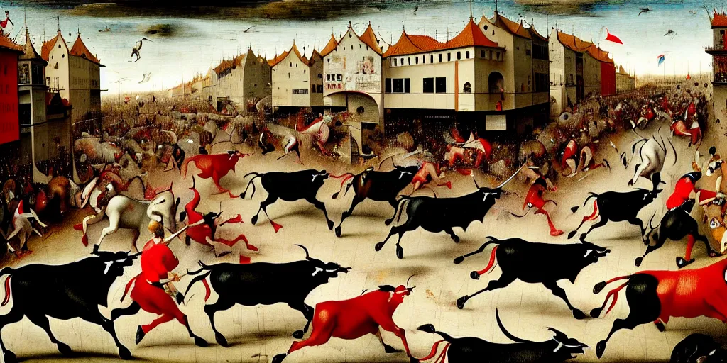 Image similar to the running of the bulls in pamplona, hundreds of people are fleeing from rampaging bulls in the city streets, art by hieronymus bosch, intricate, elegant, highly detailed, smooth, sharp focus, artstation