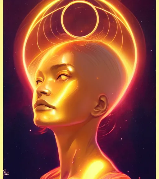 Image similar to a golden woman 2/3 figurative portrait, in space, head breaking apart and spiraling geometry into the sky upwards into another dimension, lazer light beaming down to top of her head, by james jean, artgerm, featured in artstation, elegant, Moebius, Greg rutkowski, anime