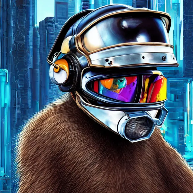 Image similar to a portrait of an anthropomorphic cyberpunk baboon in a racing helmet by sandra chevrier, detailed render, tape deck, boombox, headphones, epic composition, cybernetics, 4 k realistic, cryengine, realistic shaded lighting, sharp focus, masterpiece, by matteo scalera, gary montalbano, peter elson in the style of the tokyo ghost comic