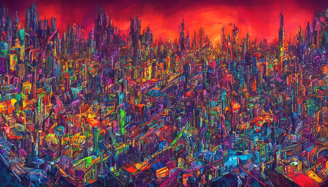 Image similar to surreal colorful nightmarish cityscape, 4k artwork by Ralph Bakshi