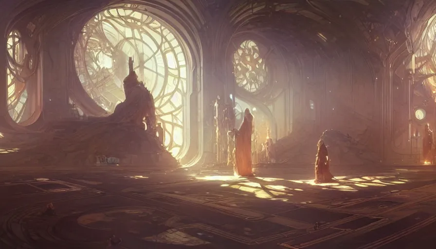 Image similar to a religious scifi room with a floating platform in the center, intricate digital painting artstation concept art smooth sharp focus illustration, art by artgerm and greg rutkowski and alphonse mucha