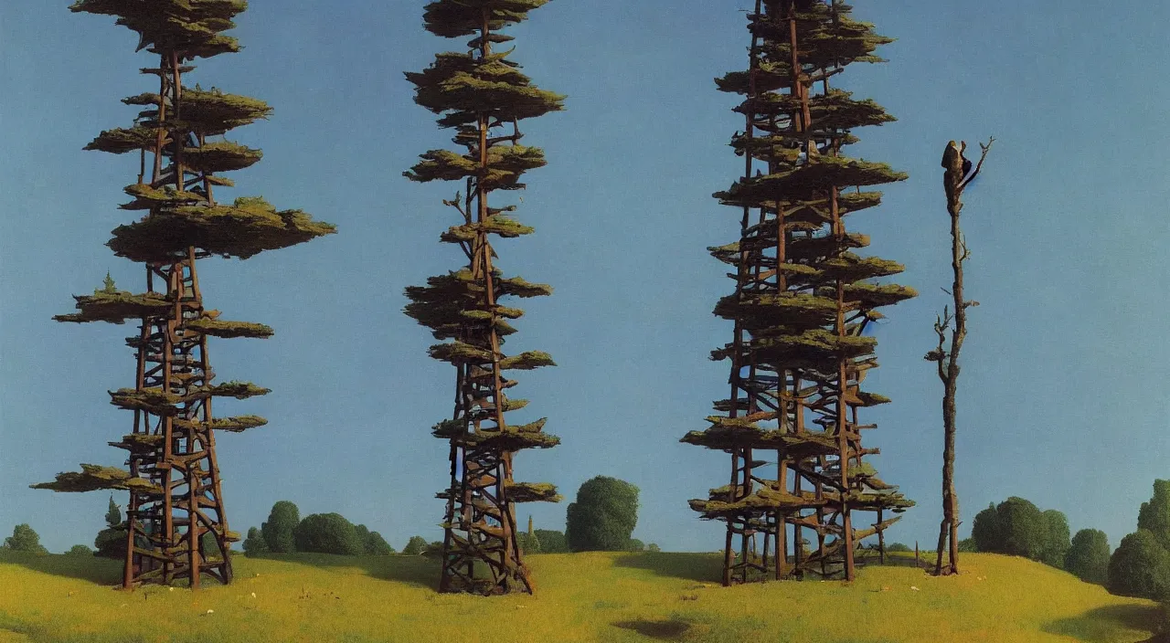 Image similar to single flooded simple wooden tree tower!, very coherent and colorful high contrast!! masterpiece by rene magritte simon stalenhag carl spitzweg syd mead norman rockwell edward hopper james gilleard, minimalist, dark shadows, sunny day, hard lighting