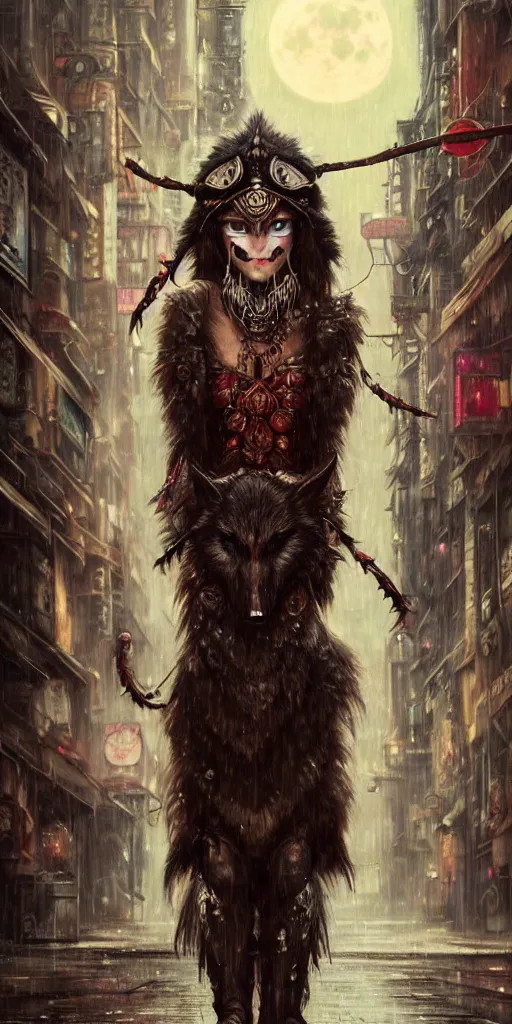 Image similar to hyper realistic Princess Mononoke, ornate mask, wet market street, rainy atmosphere, full moon, cyberpunk metropolis, city landscape, jewels, full body pose, wolves, style of tom bagshaw, mucha, james gurney, norman rockwell, denoised, sharp