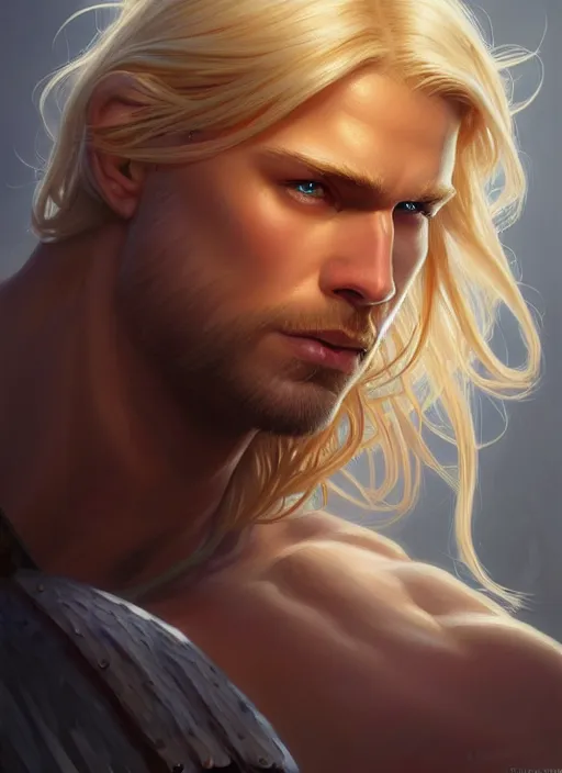 Image similar to symmetry! portrait of barbarian, blond hair, d & d, muscular!! fantasy, intricate, elegant, highly detailed, digital painting, artstation, concept art, smooth, sharp focus, illustration, art by artgerm and greg rutkowski and alphonse mucha