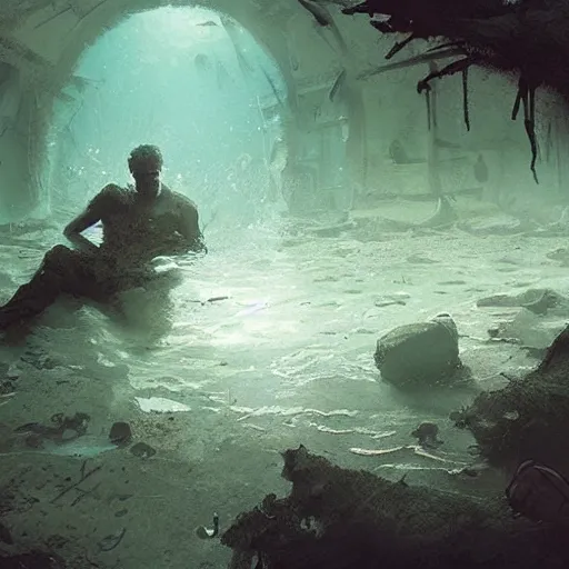 Image similar to a man fainted underwater in a zombie apocalypse by greg rutkowski