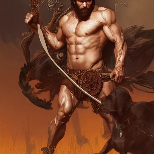 Image similar to portrait of a gruff ranger carrying the holy lance of longinus, Cain, muscular, hairy body, with a dog, intricate, elegant, highly detailed, digital painting, artstation, concept art, matte, sharp focus, illustration, art by Artgerm and Greg Rutkowski and Alphonse Mucha