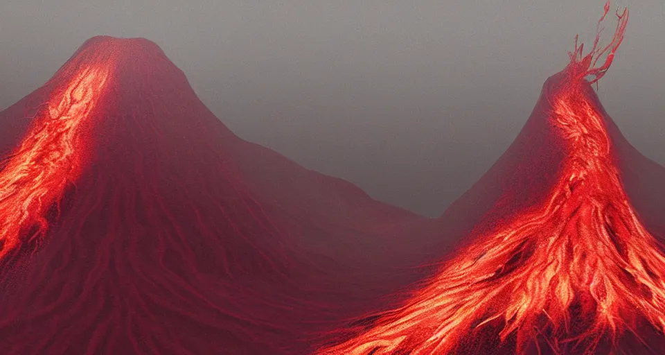 Prompt: a volcano made of ivory vines and crimson rocks enters in eruption, it spits a smoke in the shape of demonic eye, by Beeple