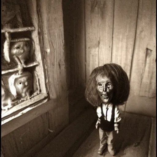 Prompt: dark attic with the man with a doll head