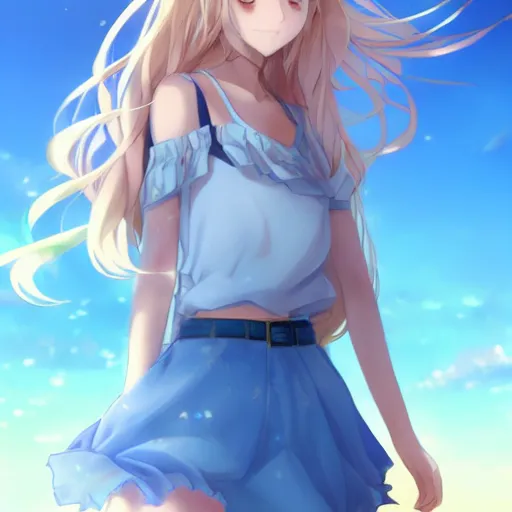 Image similar to a very beautiful anime cute girl, full body, long wavy blond hair, sky blue eyes, full round face, short smile, large top, miniskirt, front view, medium shot, mid-shot, highly detailed, cinematic wallpaper by Stanley Artgerm Lau