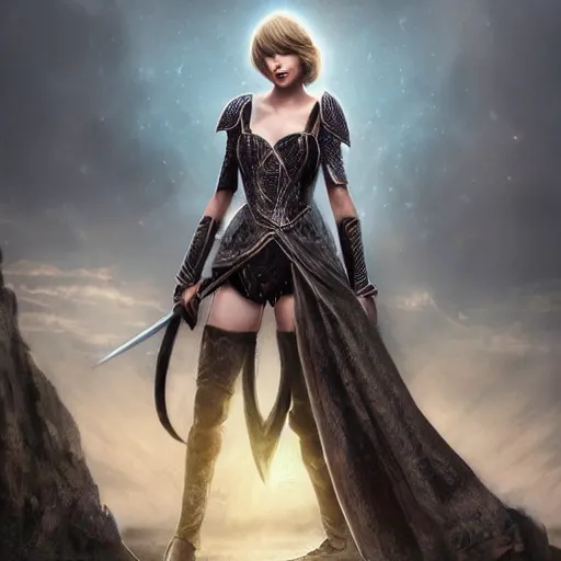 Image similar to the picture of taylor swift in a knight armor, epic fantasy art, mystical, mystic atmosphere, mythology, photo realistic, high detail, ultra realistic, hyper realistic, high definiton, 4 k uhd,