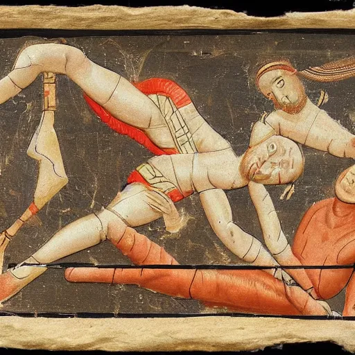 Prompt: a scan of an ancient piece of art on parchment depicting a still of a wwe match