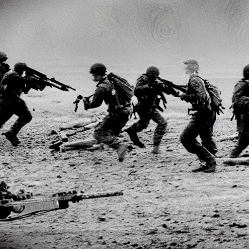 Prompt: american soldiers running at the camera with rifles during normandy beach landing with fiery explosions and debris and dead bodies and limbs all around them in the style of the movie lone survivor and saving private ryan, gritty, 4 k, cinematic lighting, rule of thirds, high power explosions causing bodies to explode with bloody pieces