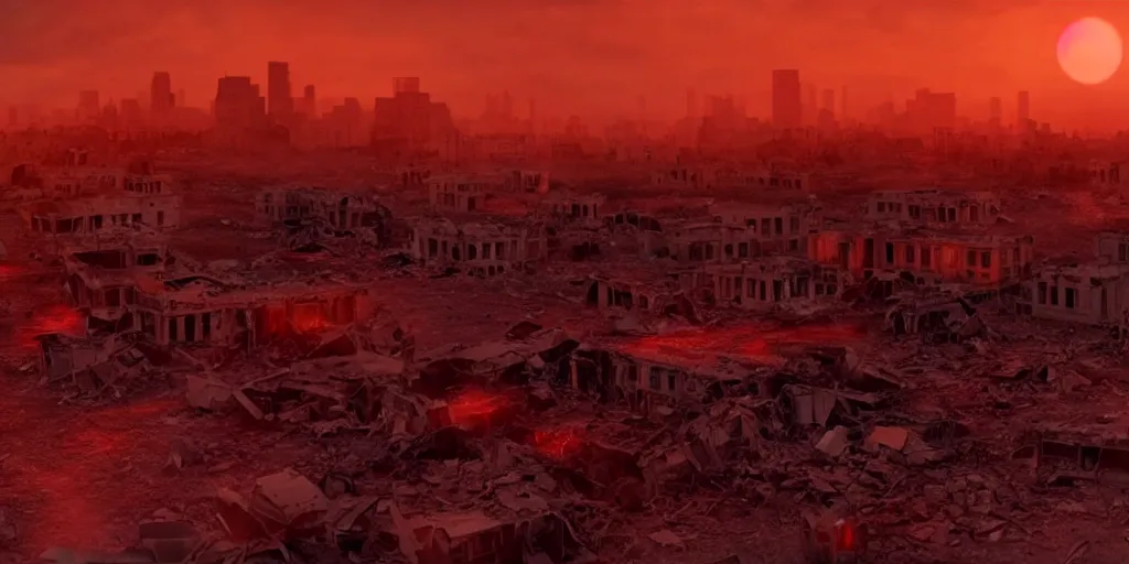 Prompt: a film still landscape by roger deakins - a destroyed city, 3 5 mm lens, early morning, dramatic lighting, cinematography, sunset red and orange, cinematic, global illumination, highly detailed, photorealistic