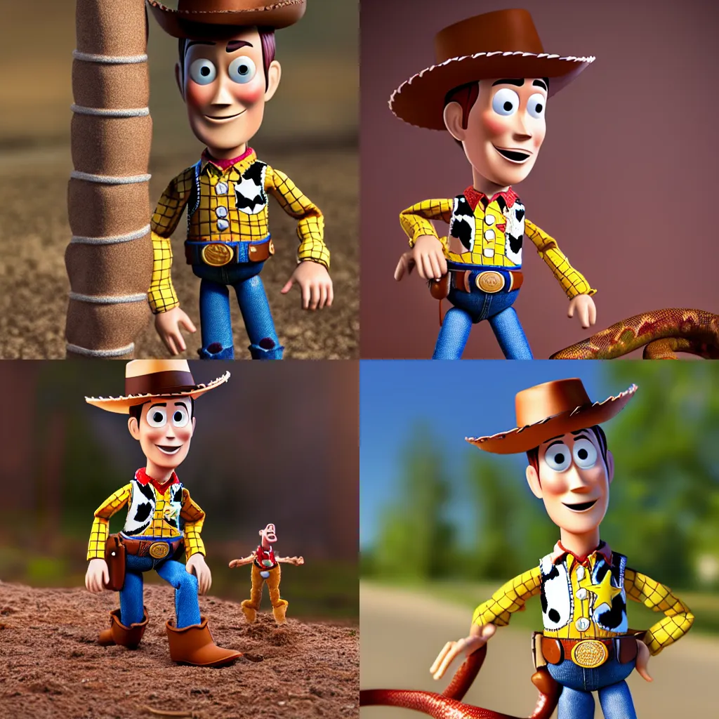 Prompt: realistic human Woody from Toy Story finding a snake in his boot, DSLR photo, 4k, shocking